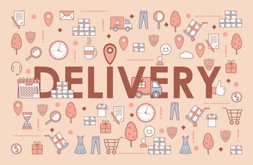 Delivery word banner template. Electronic commerce and online order vector cartoon outline concept. Truck with purchases, parcels, clothes, dress and jeans, gifts, and coins illustration.