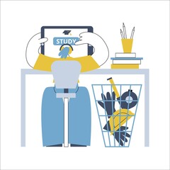 Man former worker studying online and a dustbin with workers equipment. Change carreer concept. New job after unemployment vector flat illustration.