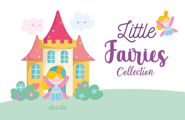 cute little fairies princess with crown and castle tale cartoon
