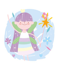 winged little fairy princess tale cartoon with flowers and magic wand