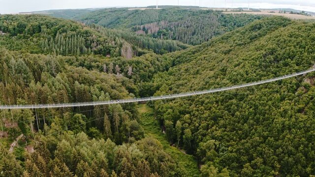 Die Geierlay H&auml;ngebr&uuml;cke im Hunsr&uuml;ck in linearer Luftaufnahme