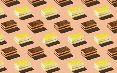 Trendy seamless food pattern - layered sponge cakes on a pastel background, minimal food isometric concept texture.