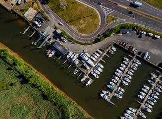Yacht parking in marina aerial top view of boats