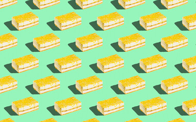 Trendy seamless food pattern - layered sponge cakes on a pastel background, minimal food isometric concept texture.