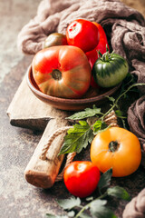 Fresh, ripe multi colored tomatoes on a dark background. Organic food.