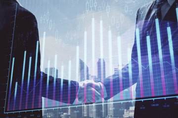 Double exposure of forex graph hologram and handshake of two men. Stock market concept.