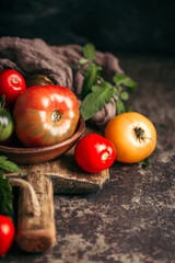 Fresh, ripe multi colored tomatoes on a dark background. Organic food.