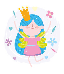 happy little fairy princess tale cartoon with crown and flowers
