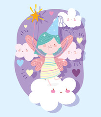 little fairy princess with magic wand clouds hearts tale cartoon