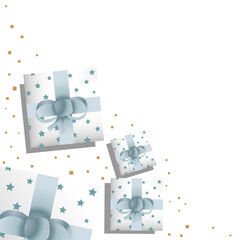 Gift boxes and colorful dots on gradient background. Christmas, New Year, Birthday. Copy space vector illustration. 