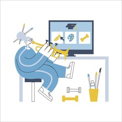 Old woman playing trumpet in front of computer with online courses flat vector illustration