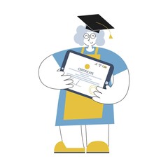 old woman with graduation cap and online certificate on tablet flat vactor illustration