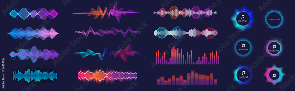 Poster Sound waves equalizer collection in futuristic colors. Frequency audio waveform, music wave, circle bar, voice graph signal in HUD style. Set Audio waves.  Microphone voice and sound recognition.