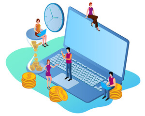 Time-management.People, computers, and watches.Symbol of teamwork.Concept of saving time and distributing the workflow.Isometric view.