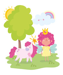 little fairy princess with magic wand and unicorn tale cartoon