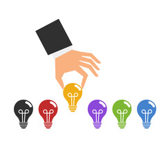 Hand holding light bulb. Businessman picks idea bulb among a lot of lamps of different colors. Flat style. Vector illustration	
