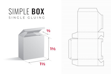 Simple Packaging Box Die Cut One and a Half Width and Height Half Length Template with 3D Preview - Black Editable Blueprint Layout with Cutting and Scoring Lines on Background - Draw Design