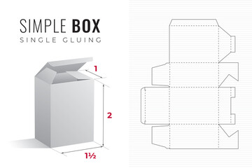 Simple Packaging Box Die Cut One and a Half Width Double Height Template with 3D Preview - Black Editable Blueprint Layout with Cutting and Scoring Lines on Background - Draw Graphic Design