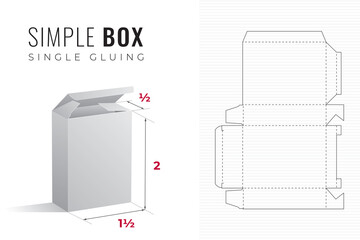 Simple Packaging Box Die Cut One and a Half Width Double Height and Half Length Template with 3D Preview - Black Blueprint Layout with Cutting and Scoring Lines on Background - Draw Design
