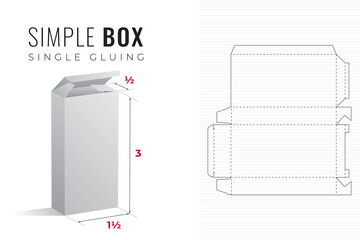 Simple Packaging Box Die Cut One and a Half Width Triple Height and Half Length Template with 3D Preview - Black Blueprint Layout with Cutting and Scoring Lines on Background - Draw Design