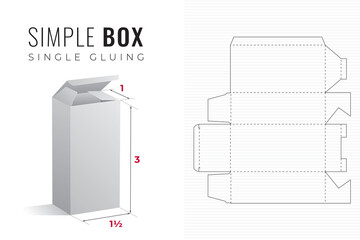 Simple Packaging Box Die Cut One and a Half Width Triple Height Template with 3D Preview - Black Editable Blueprint Layout with Cutting and Scoring Lines on Background - Draw Graphic Design