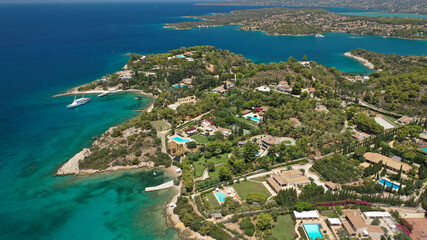 Aerial drone photo of Chinitsa bay a popular anchorage crystal clear turquoise sea bay for yachts...