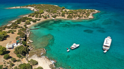 Aerial drone photo of Hinitsa bay a popular anchorage crystal clear turquoise sea bay for yachts...