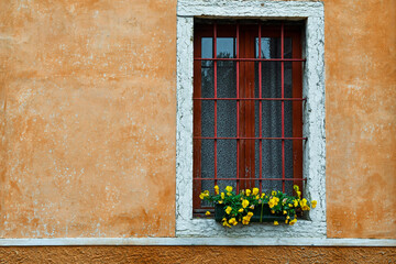Fototapeta na wymiar Close-up of the window of an old house with stone frame, iron grate and flowering potted plant on the windowsill, shaded orange wall, Italy
