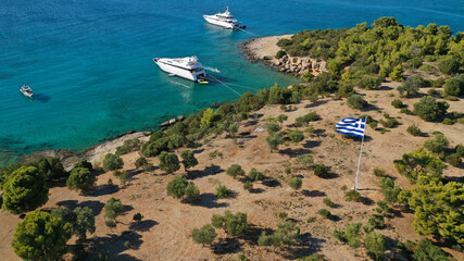 Aerial drone photo of Hinitsa bay a popular anchorage crystal clear turquoise sea bay for yachts...