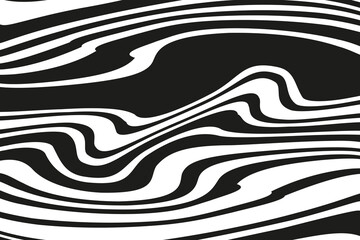 Digital image with a psychedelic stripes. Vector illustration. Texture with wavy, curves lines. Optical art background. Wave design black and white. 