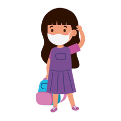 cute girl student wearing medical mask to prevent coronavirus covid 19 with school bag vector illustration design