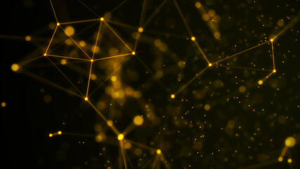 Golden background with connecting triangulars, dots and lines. Futuristic polygonal background. 3d rendering.