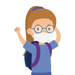cute girl student wearing medical mask to prevent coronavirus covid 19 with school bag vector illustration design