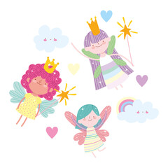 winged little fairies princess tale cartoon magic wand crowns