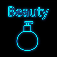 Neon blue men's perfume on a black background. perfumes to create aroma on the body, moisturize the skin. after shave. a fragrance for strong and independent guys. vector illustration