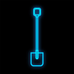 Bright luminous blue industrial digital neon sign for shop workshop service center beautiful shiny with a shovel for repair on a black background. Vector illustration