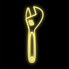 Bright luminous yellow industrial digital neon sign for shop workshop service center beautiful shiny with a wrench for repair on a black background. Vector illustration
