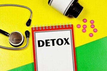 Detox-text label on the medical folder. The diagnosis was made by a doctor. Medication treatment.