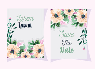 wedding floral invitation, flower leaves watercolor template card
