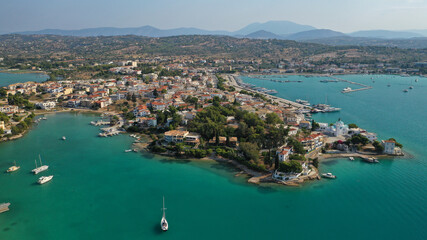 Fototapeta premium Aerial drone photo of famous fjord seaside village and bay of Porto Heli in the heart of Argolida prefecture, Peloponnese, Greece