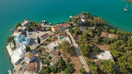 Aerial drone photo of famous fjord seaside village and bay of Porto Heli in the heart of Argolida prefecture, Peloponnese, Greece