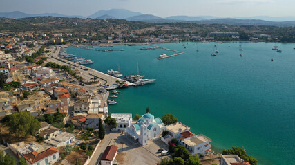 Aerial drone photo of famous fjord seaside village and bay of Porto Heli in the heart of Argolida prefecture, Peloponnese, Greece