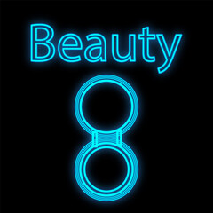 blue neon powder on a black background. powder box round with a mirror for applying a matte finish on the face. Neon sign for a beauty bar or studio. vector illustration