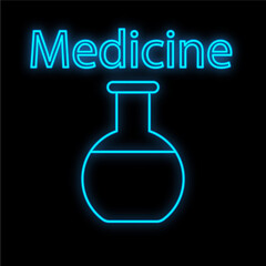 Bright luminous blue medical scientific digital neon sign for a pharmacy store or hospital laboratory. A beautiful shiny flask or test tube on a black background. Vector illustration