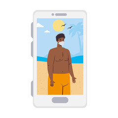 Man with swimsuit and mask at the beach in smartphone in video chat design, Summer vacation tropical and covid 19 virus theme Vector illustration