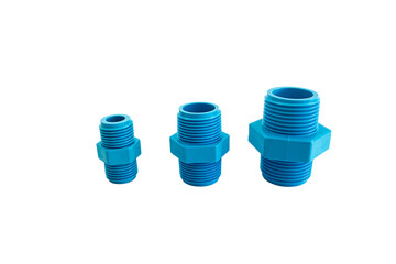 Blue PVC pipe set, separate on a white background, blue plastic water pipe, PVC accessories for plumbing work Plumber equipment Bend and connect the three-way plastic pipe to drain the waste water.