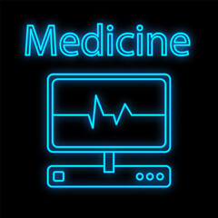 Bright luminous blue medical medical scientific digital neon sign for pharmacy store or hospital laboratory beautiful shiny monitors with pulse cardiogram on a black background. Vector illustration