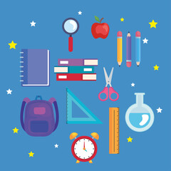 ruler lupe scsissor apple clock notebook books flask bag and pencils design, Back to school eduacation class lesson theme Vector illustration