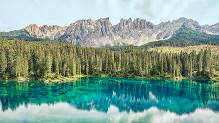 Fototapeta na wymiar Carezza lake in the Italian Dolomites