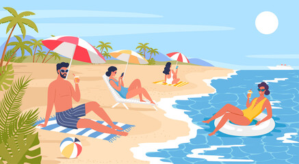 Fototapeta na wymiar Different people resting on the sunny tropical beach cartoon vector illustration